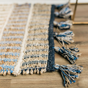 Blue Jute and Cotton Rug With Tassels