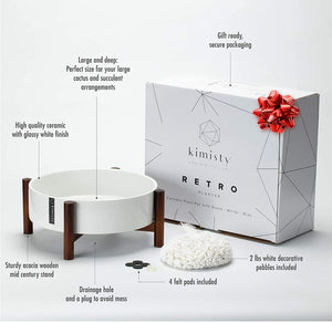 White Planter with Wood Plant Stand