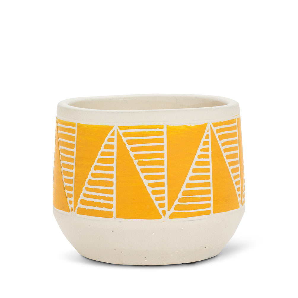 This ivory cement planter is accented with a bright yellow geometric design on the top portion and a natural coloured tapered bottom. This specialty pot measures 5" in diameter and would typically fit a a plant in a 4" grow/nursery pot.
