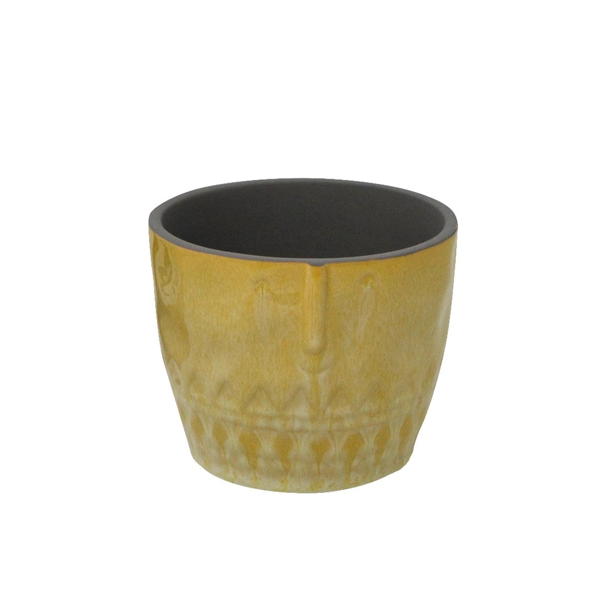 This decorative ceramic pot with padded bottom has a yellow coloured exterior with a carved happy face on the top half and and an etched pattern on the lower half.  This pot measures 4" in diameter and is suiable for a 3-3.5" grow/nursery pot.