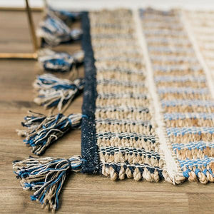 Blue Jute and Cotton Rug With Tassels